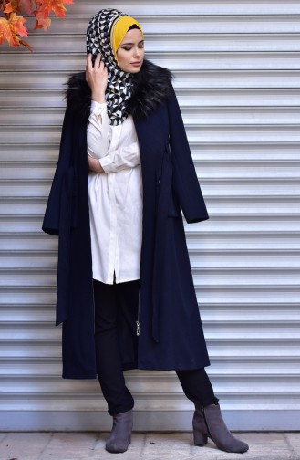 SUKRAN Zippered Fur Long Coat 35786-02 Navy Blue 35786-02