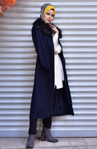 SUKRAN Zippered Fur Long Coat 35786-02 Navy Blue 35786-02