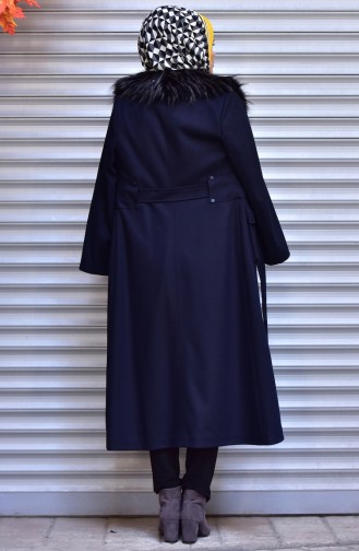 SUKRAN Zippered Fur Long Coat 35786-02 Navy Blue 35786-02