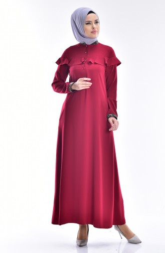 Buttoned Frilled Dress 0122-01 Claret Red 0122-01