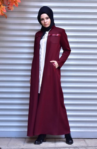 Abaya Détail Cuir 5915-02 Bordeaux 5915-02