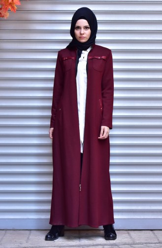 Leather Detailed Abaya 5915-02 Claret Red 5915-02