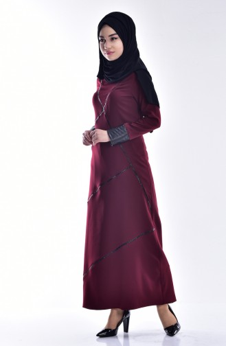 Leather Detailed Dress 0107-02 Claret Red 0107-02