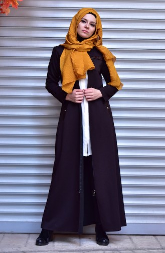 Abaya Détail Cuir 5915-04 Brun 5915-04