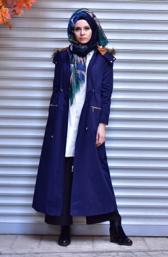 Fur Coat with Zipper 5051-06 Navy Blue 5051-06
