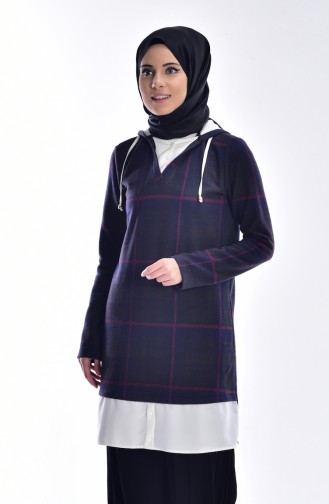 Checkered Decorated Tunic 4446A-01 Navy Blue 4446A-01