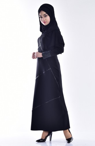 Deri Detaylı Elbise 0107-01 Siyah