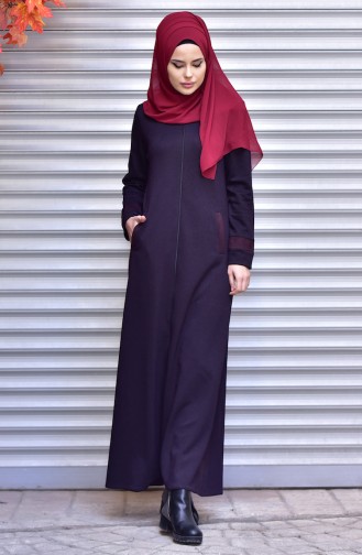 Abaya a Fermeture Garnie Daim 2420-04 Pourpre 2420-04