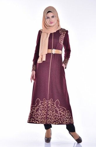 Abaya with Zipper and Print 2028-01 Claret Red 2028-01