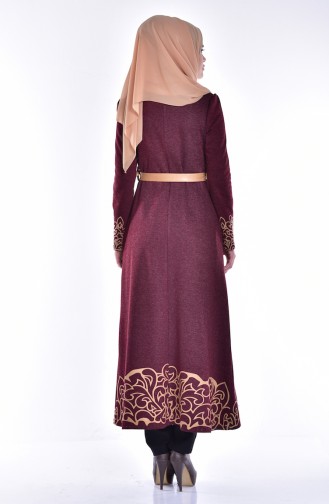 Abaya with Zipper and Print 2028-01 Claret Red 2028-01