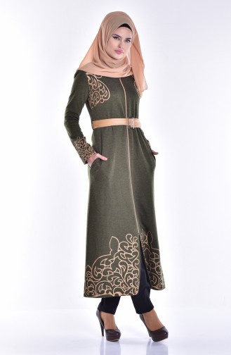 Abaya with Zipper and Print 2028-03 Khaki 2028-03