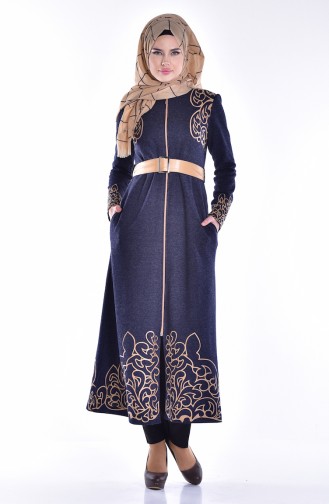 Abaya with Zipper and Print 2028-05 Navy Blue 2028-05