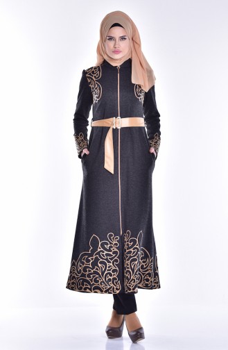 Abaya with Zipper and Print 2028-04 Black 2028-04