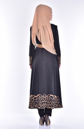 Abaya with Zipper and Print 2028-04 Black 2028-04