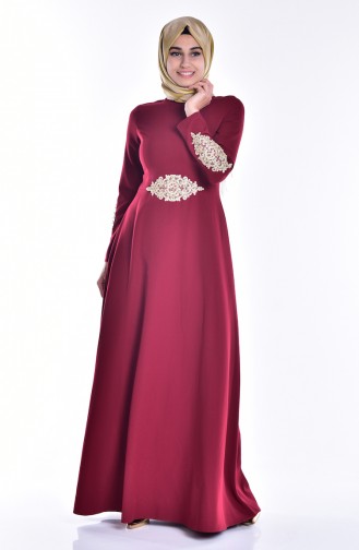 Laced Dress with Pearls 1007-04 Claret Red 1007-04