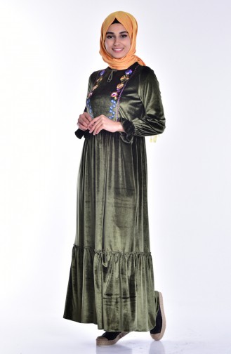 Embroidered Velvet Dress 0574-04 Khaki 0574-04