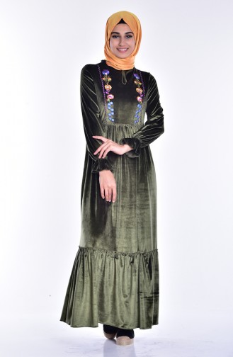 Nakışlı Kadife Elbise 0574-04 Haki 0574-04
