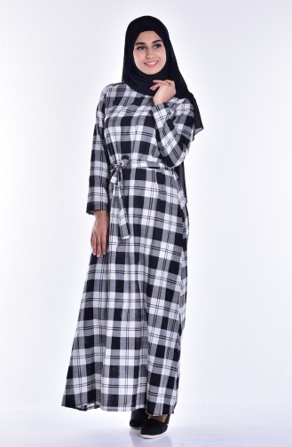 Checker Decorated Dress with Belt 2006-01 Black 2006-01