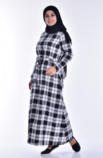 Ekose Desenli Kuşaklı Elbise 2006-01 Siyah