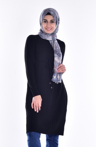 Beli Bağcıklı Triko Tunik 3160-01 Siyah