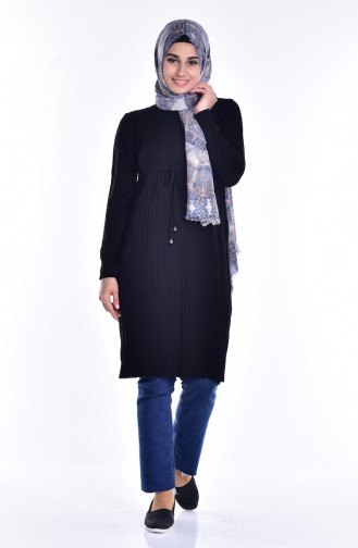 Beli Bağcıklı Triko Tunik 3160-01 Siyah