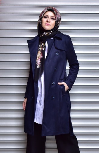 Buttoned Suede Coat 41005-05 Navy Blue 41005-05