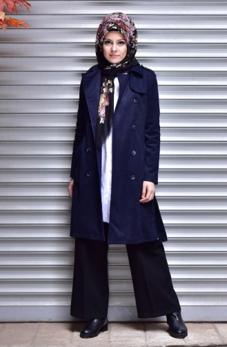 Buttoned Suede Coat 41005-05 Navy Blue 41005-05