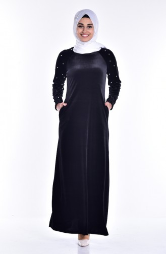 İncili Kadife Elbise 1498-03 Siyah