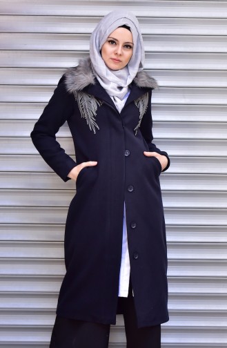 Kürk Detaylı Kaşe Kaban 7101-01 Lacivert