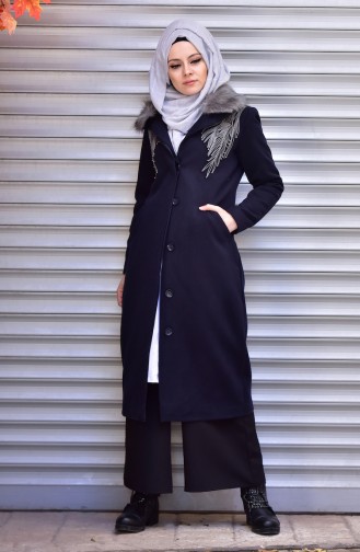 Kürk Detaylı Kaşe Kaban 7101-01 Lacivert