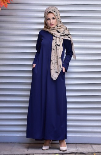 Abaya avec Poches Col Officier 0115-02 Bleu Marine 0115-02