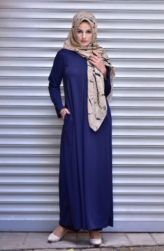 Crew Neck Abaya with Pockets 0115-02 Navy Blue 0115-02