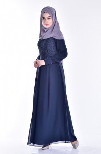 Navy Blue Hijab Evening Dress 52640-01