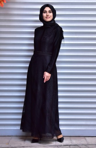 Dantel Kaplamalı Elbise 32858-01 Siyah