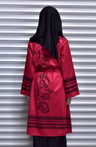 Bedruckte Kimono mit Gürtel 0052-03 Weinrot 0052-03