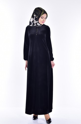 Düğmeli Kadife Elbise 1516-01 Siyah