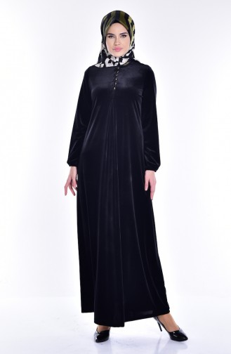 Düğmeli Kadife Elbise 1516-01 Siyah