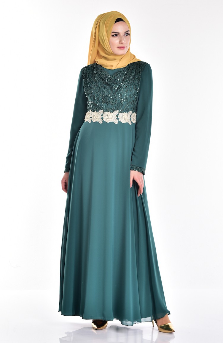 Degaje Yaka Abiye Elbise 3232-04 Yeşil 3232-04