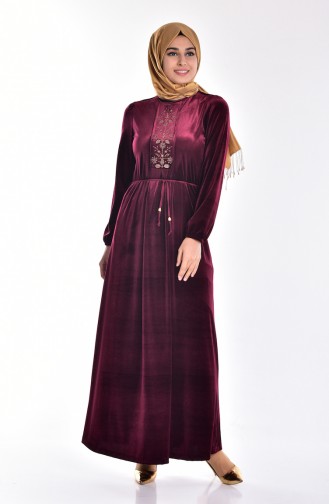 Samt Kleid mit Stickerei  1515-06 Weinrot 1515-06