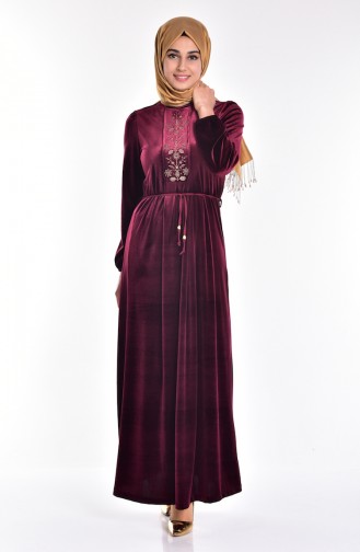 Taş Ve Nakış Detaylı Kadife Elbise 1515-06 Bordo