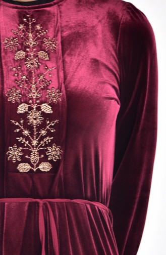 Taş Ve Nakış Detaylı Kadife Elbise 1515-06 Bordo