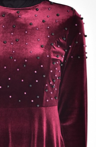 Taş Detaylı Kadife Elbise 1525-02 Bordo