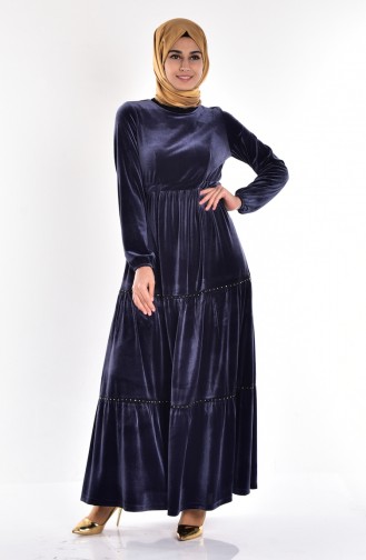 Kemerli Kadife Elbise 1521-07 Gri