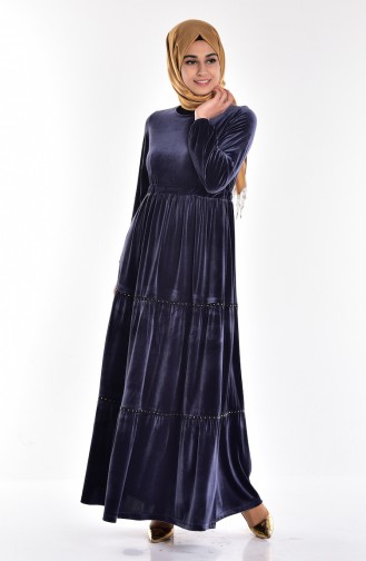 Kemerli Kadife Elbise 1521-07 Gri