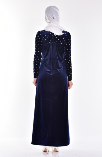 Taş Detaylı Kadife Elbise 1527-03 Lacivert