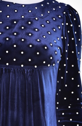 Taş Detaylı Kadife Elbise 1527-03 Lacivert