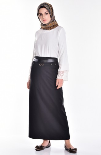 Bleistiftrock mit Leder Detail 1354-05 Schwarz 1354-05