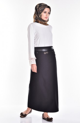 Bleistiftrock mit Leder Detail 1354-05 Schwarz 1354-05