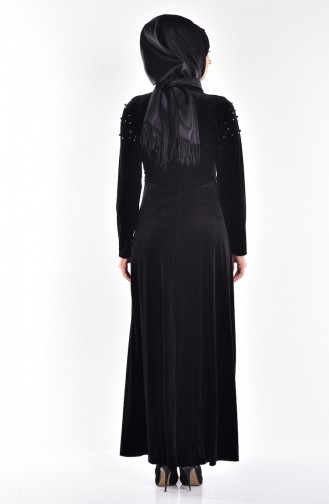 Taş Detaylı Kadife Elbise 1525-01 Siyah