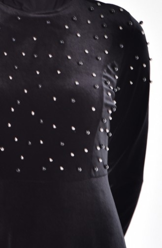 Taş Detaylı Kadife Elbise 1525-01 Siyah